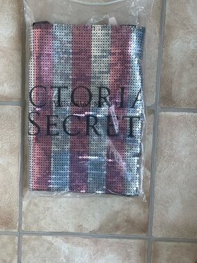 NWT Victoria's Secret limited edition pink silver striped logo sequin tote bag